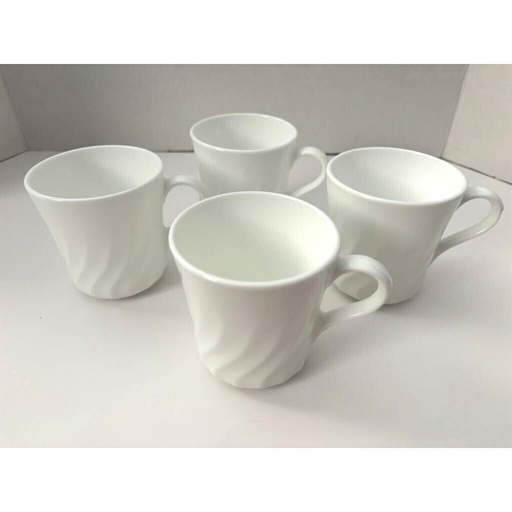 CORELLE ENHANCEMENTS WHITE SWIRL Cups Mugs For Tea Coffee Set of 4 Corning USA
